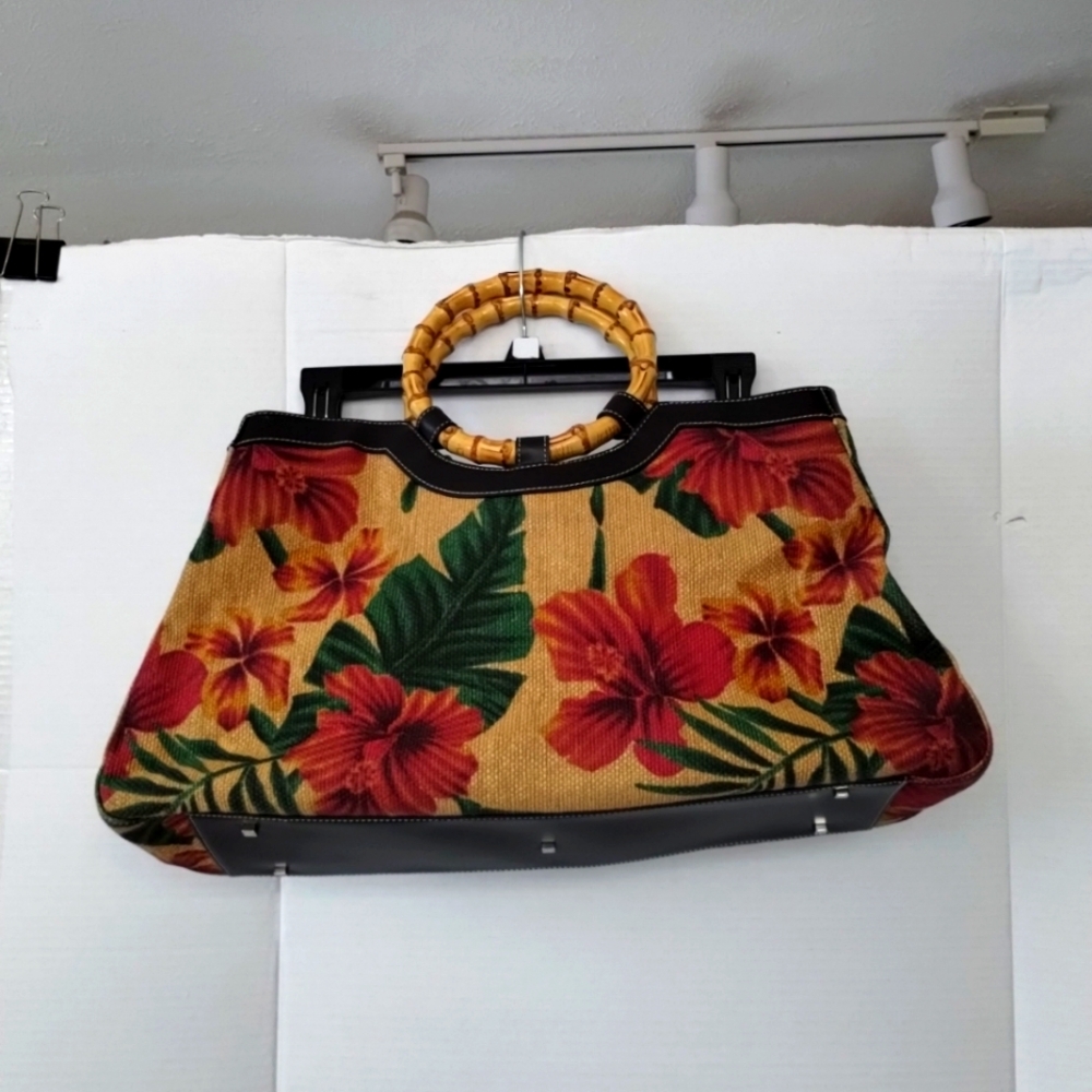 Preston &York Floral Satchel Purse Bamboo Handle Bag Natural Hawaiian